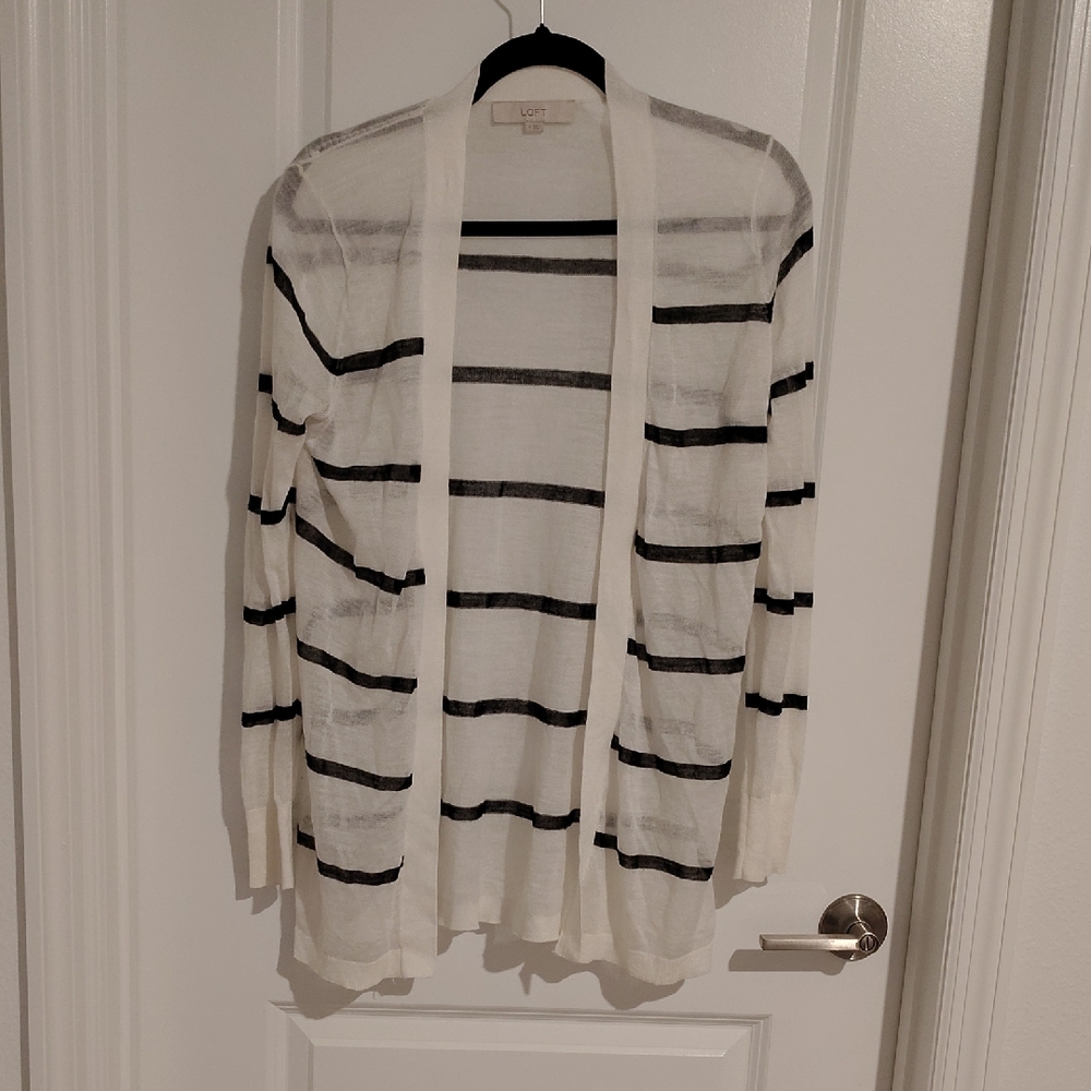LOFT Ivory and Black Striped Cardigan